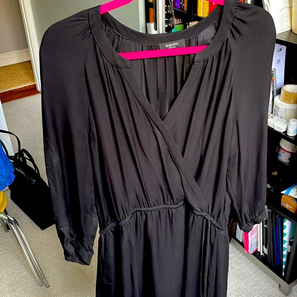 Aritzia Babaton Silk Black Faux Wrap long sleeve dress Manuel Dress sz Large